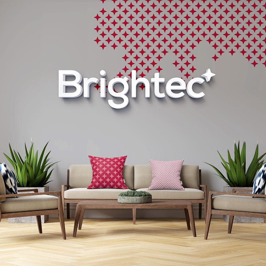Brightecs nya logotyp och mönster på en vägg